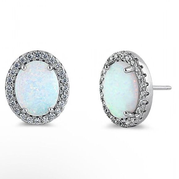 Sterling Silver White Opal & Clear CZ Oval Stud Earrings New - Picture 1 of 4